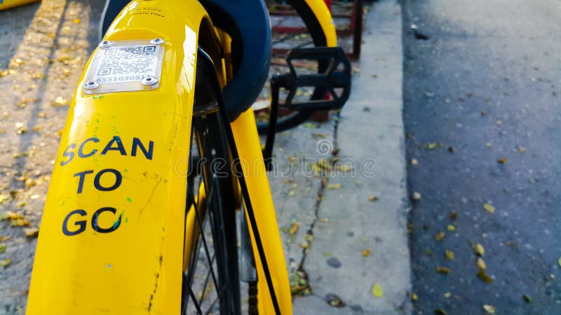 ARMENIA, YEREVAN-OCTOBER 15, 2020. A city Bicycle wheel with an inscription on it, a transition scan, and a QR code icon. The stock images