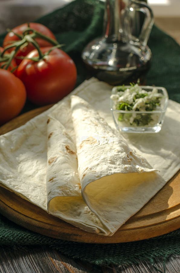 Armenian Thin Lavash and Cottage Cheese with Herbs Stock Photo Image