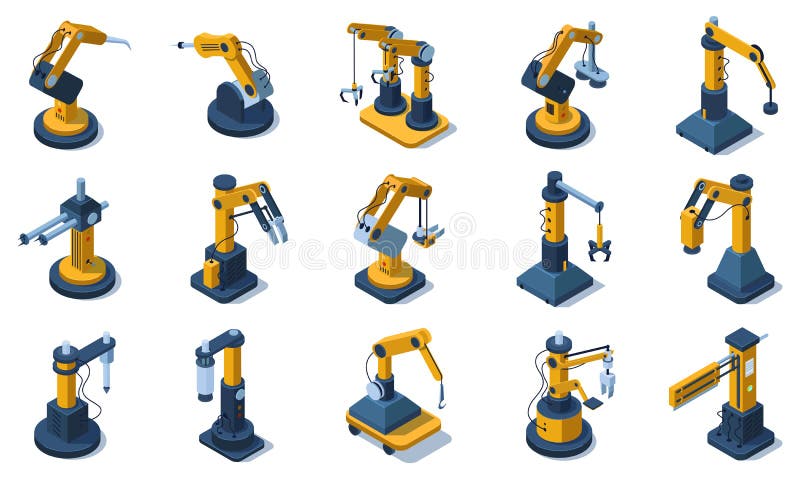 Armi robotiche automatizzate meccanizzate meccanizzate in fabbrica isometrica. robotica automatizzata industriale armata di roboti royalty illustrazione gratis
