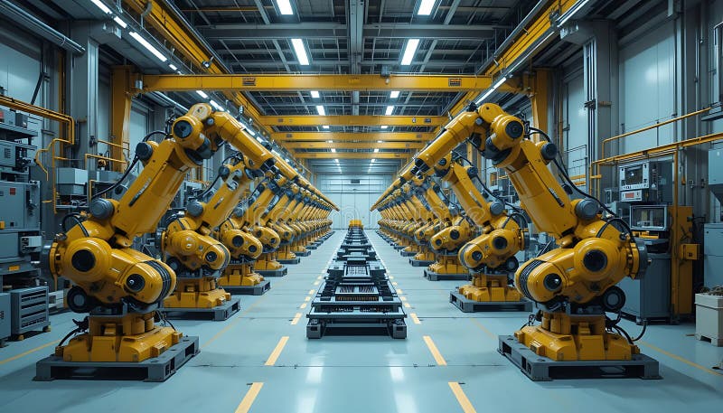 Armi robotiche nell'impianto di produzione Linea di assemblaggio automatizzata del sistema di fabbricazione royalty illustrazione gratis