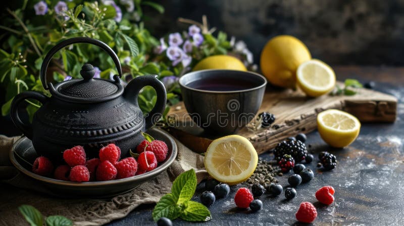 Armonia e serenità un delicato bouquet di bacche di tè e zesty lemons si mescolano in perfetta simmetria. Una tavola squisita si presenta con un'unione armonica di una tazza di tè al vapore e un assortimento di bacche di saporito e di limoni tangenti. prodotto a base di