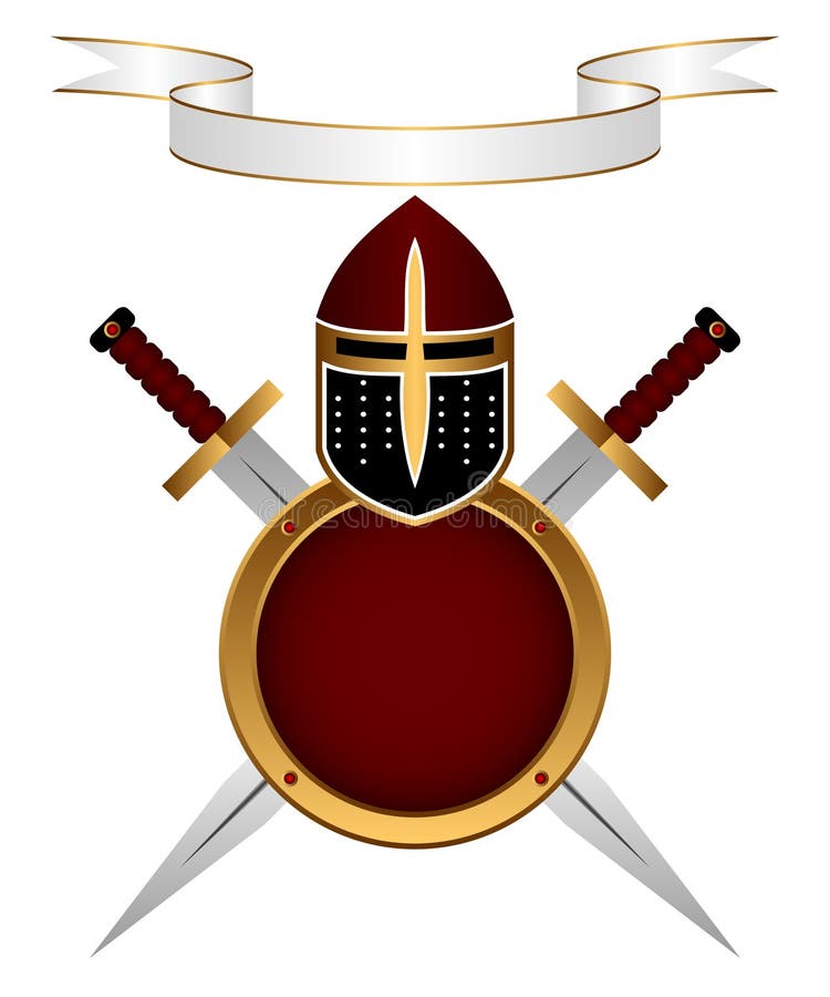 Heraldic composition. A knightly helmet, a shield and swords on a white background. Above a banner for the motto. Bulat vectors