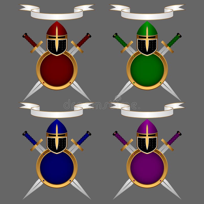 Heraldic composition. A knightly helmet, a shield and swords on a gray background. Above a banner for the motto. Set. Bulat vectors