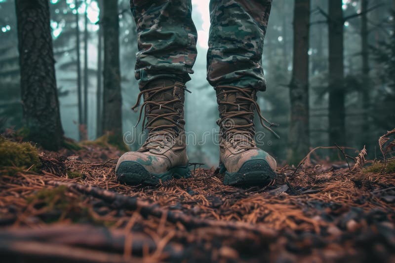 Army boots dirty forest. White combat. Generate Ai AI generated. Army boots dirty forest. White combat. Generate Ai AI generated