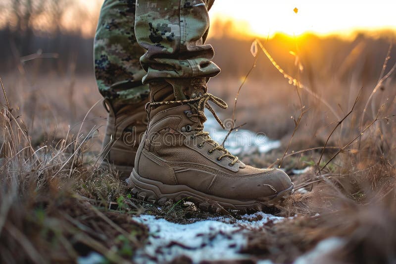 Army boots dirty outdoor. Combat dirt. Generate Ai AI generated. Army boots dirty outdoor. Combat dirt. Generate Ai AI generated