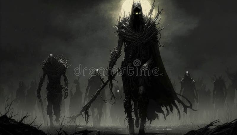 An army of darkened ghouls march across the land shrouded in mystery. Fantasy art. AI generation