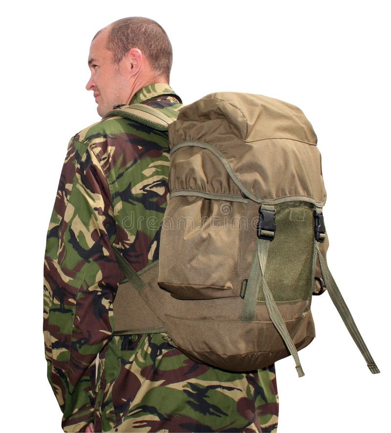 Army man wearing rucksack