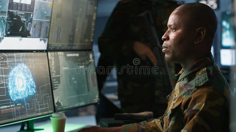 Army professional employing AI tech to improve military combat systems royalty free stock images