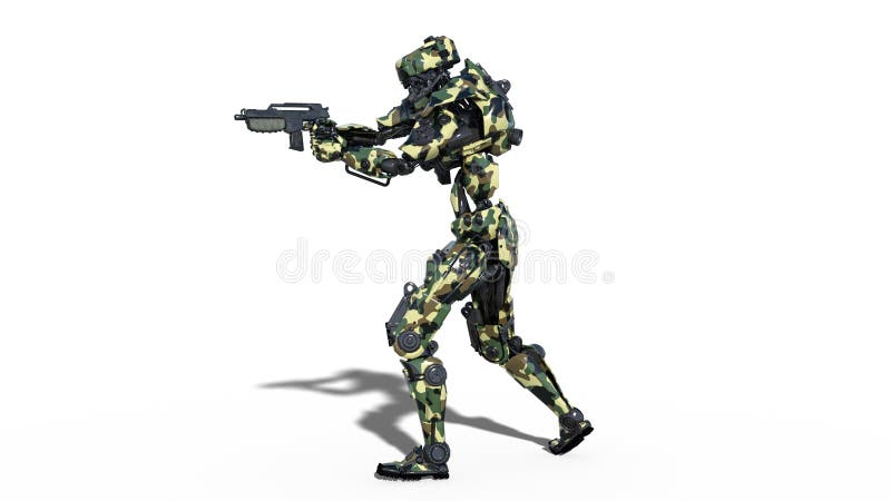 Army robot, armed forces cyborg, military android soldier shooting gun isolated on white background, 3D render vector illustration Army robot, armed forces cyborg, military android soldier shooting gun isolated on white background, 3D render vector illustration