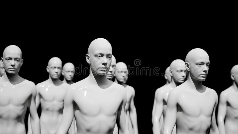 Armata de roboți. o mulțime de lucrători cyborg marș în formația 3d redare stock illustration