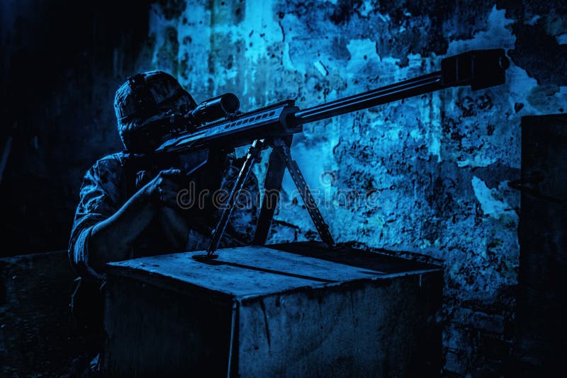 Army Sniper Firing With 50 Caliber Rifle At Night Stock Photo - Image