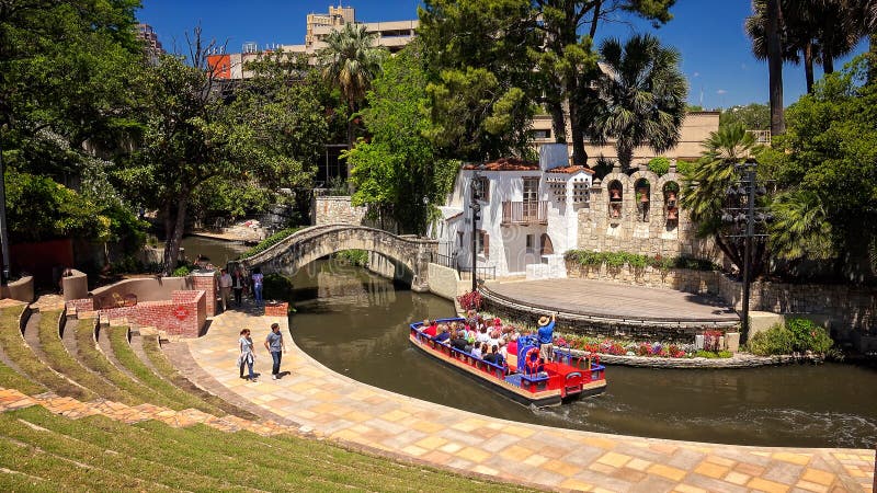 The San Antonio River winds through Arneson River Theatre at the river walk in San Antonio. The San Antonio River winds through Arneson River Theatre at the river walk in San Antonio