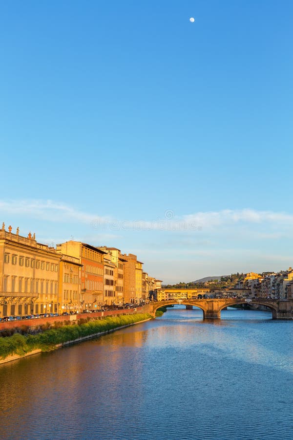 Arno River in Florence in the evening light and the full moon in the sky royalty free stock images Arno River in Florence in the evening light and the full moon in the sky royalty free stock images