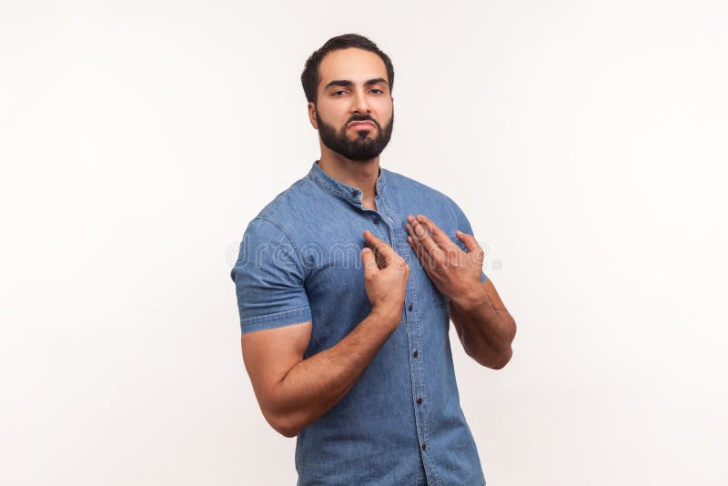 Arrogant egoistic bearded man drawing attention to itself, bragging with strength and endure, successful famous person posing at camera. Indoor studio shot isolated on white background. Arrogant egoistic bearded man drawing attention to itself, bragging with strength and endure, successful famous person posing at camera. Indoor studio shot isolated on white background