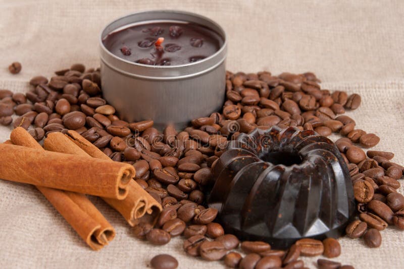 Aroma Soap, Candle with Cinnamon Sticks and Coffee Stock Photo Image