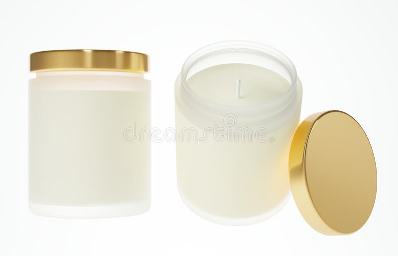 Aroma candle in frosted glass jar with cotton wick and yellow gold lid 3D render different angles, branding and design ready commercial realistic wax candle mock-up, copy space template isolated on white background. Aroma candle in frosted glass jar with cotton wick and yellow gold lid 3D render different angles, branding and design ready commercial realistic wax candle mock-up, copy space template isolated on white background