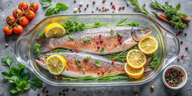 Aromagebackene Fischzubereitung mit Zitrone und Kräutern in Glasform. Generative AI lizenzfreie abbildung