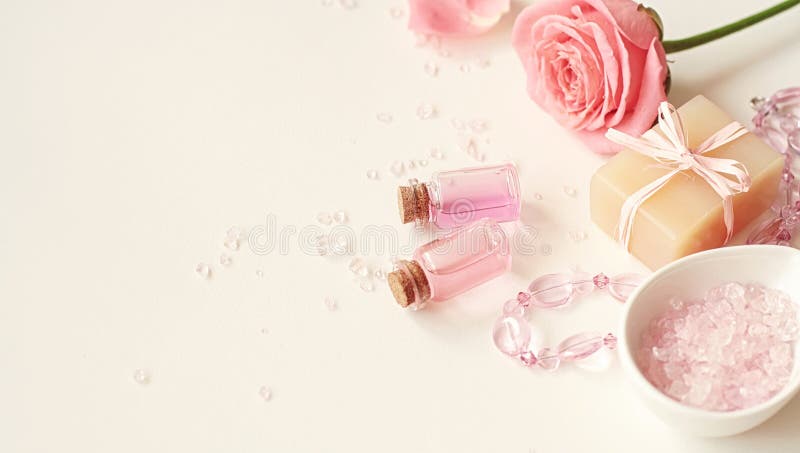 Aromaterapia Garrafas de vidro pequenas com óleos cosméticos Sal de banho imagem de stock royalty free Aromaterapia Garrafas de vidro pequenas com óleos cosméticos Sal de banho imagem de stock royalty free