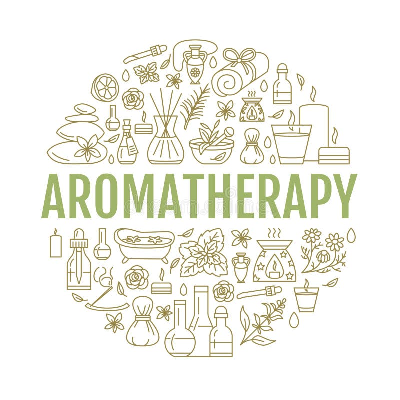 Aromatherapy and essential oils brochure template. Vector line illustration of aromatherapy diffuser, oil burner, spa candles, incense sticks, herbal bag massage. Aromatherapy poster. Pictogram oils vectors