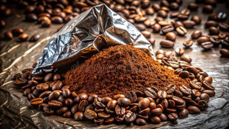 Aromatic coffee beans and ground powder in foil pouch generative ai digital creation ilustração do vetor