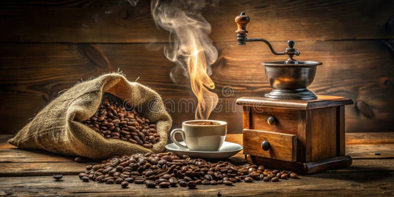 Aromatic coffee beans steaming cup and vintage grinder generative ai art ilustração stock