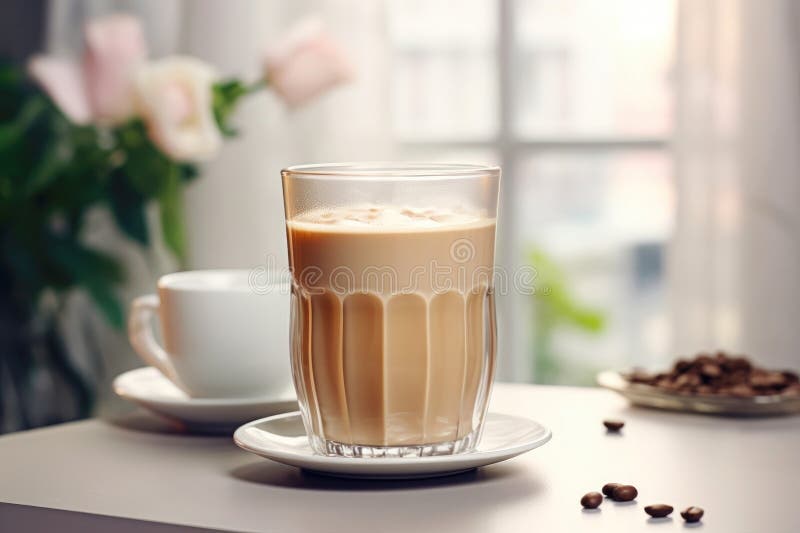 Aromatic coffee and milk in a glass on the table stock illustration