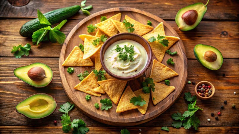 Aromatic creamy dip served with crispy triangular tortilla chips and fresh avocado slices on rustic wooden board. Generative AI stock illustration