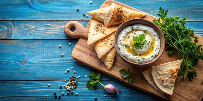 Aromatic creamy dip served with triangular flatbreads and fresh herbs on rustic wooden board. Generative AI vector illustration