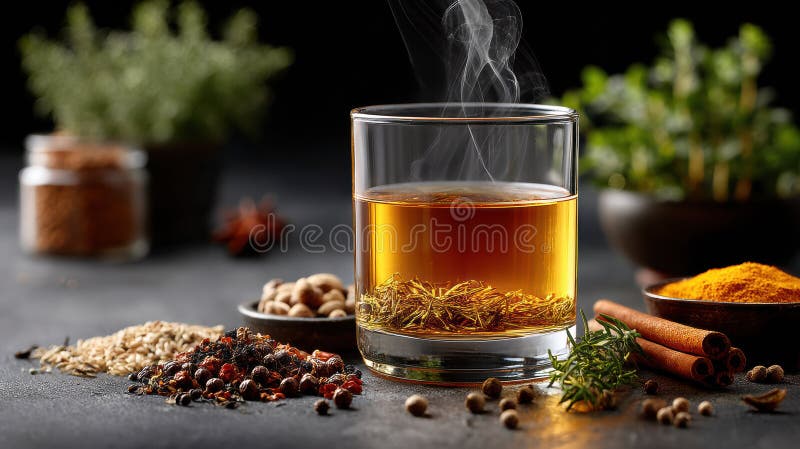 Aromatic herbal tea with spices and herbs on rustic table creating a warm and inviting atmosphere royalty free illustration