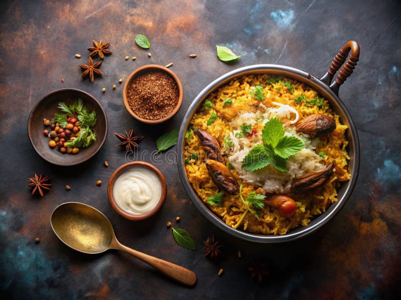 Aromatic Indian Biryani with Raita A Culinary Masterpiece TopView Silhouette Perfect for Restaurant or Food Blog royalty free illustration