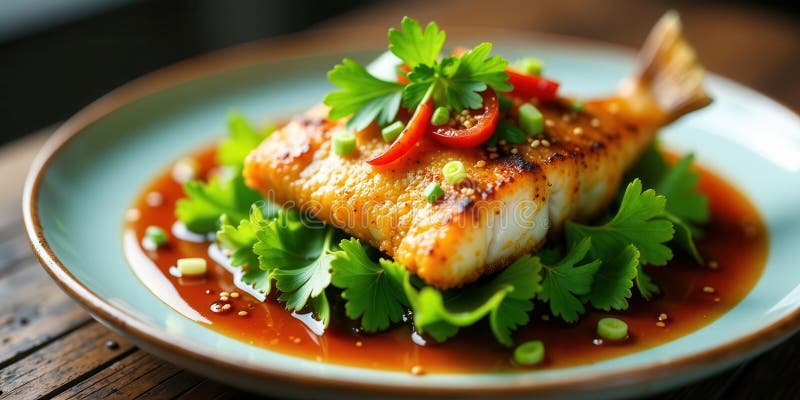 Aromatic pan-seared fish fillet with vibrant glaze and fresh herbs served on a stylish plate. Generative AI stock illustration