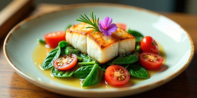 Aromatic pan-seared fish with spinach and cherry tomatoes, garnished with a delicate herb and flower. Generative AI royalty free illustration