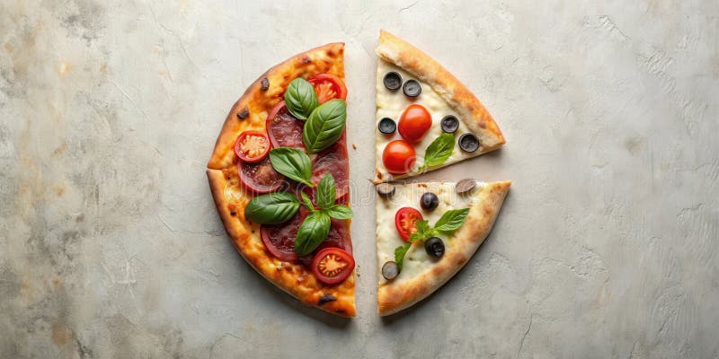 Aromatic pizza slices with savory toppings, fresh basil, and vibrant colors arranged on a textured surface. Generative AI stock illustration