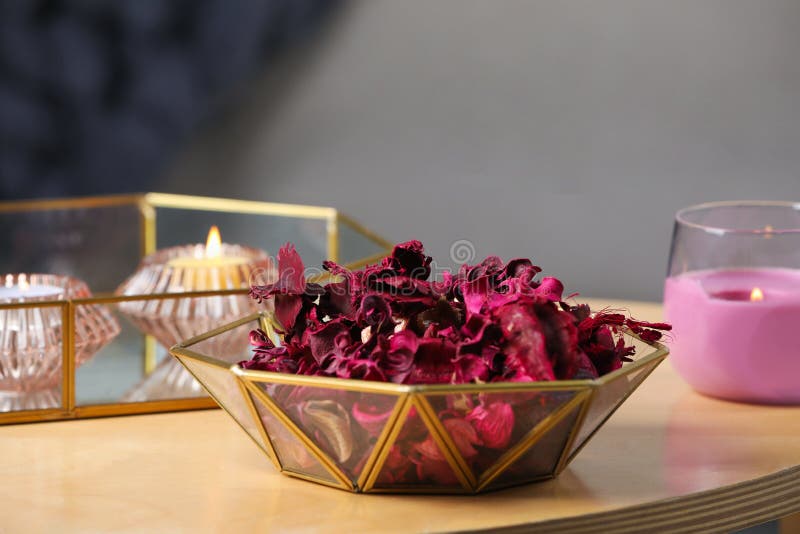 Aromatic Potpourri of Dried Flowers in Bowl and Burning Candles on Table  Indoors Stock Image - Image of decoration, glass: 264762447