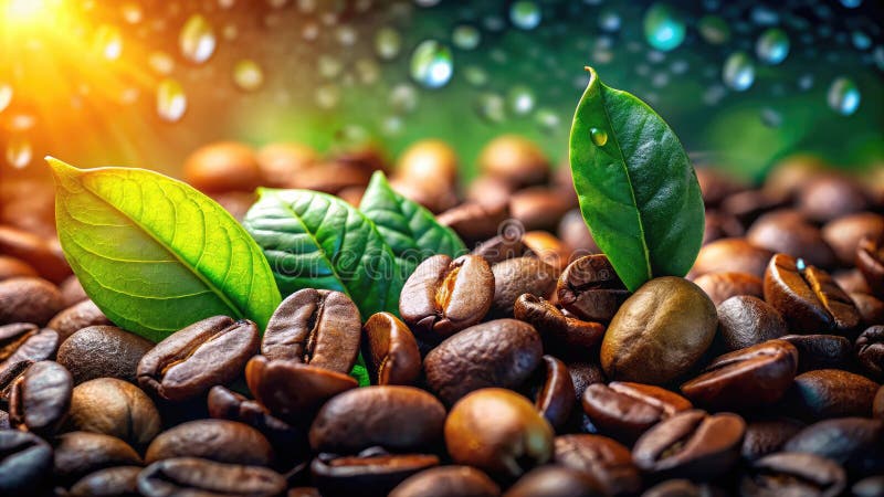 Aromatic Roasted Coffee Beans Sparkling with Water Droplets A Stunning Macro Still Life in Low Light vector illustration