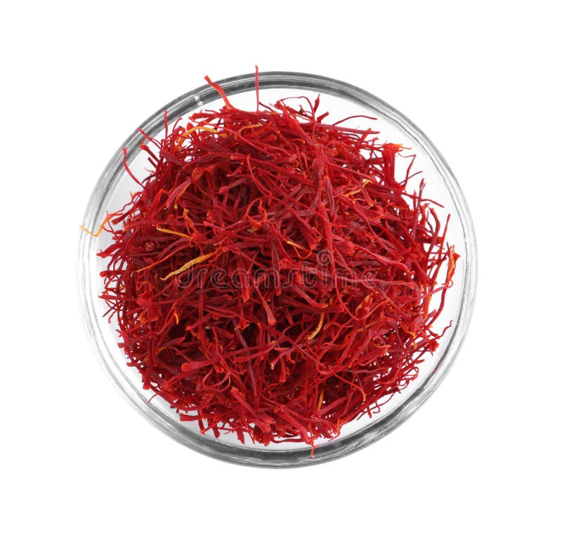 Aromatic saffron in glass bowl isolated on white, top view royalty free stock image