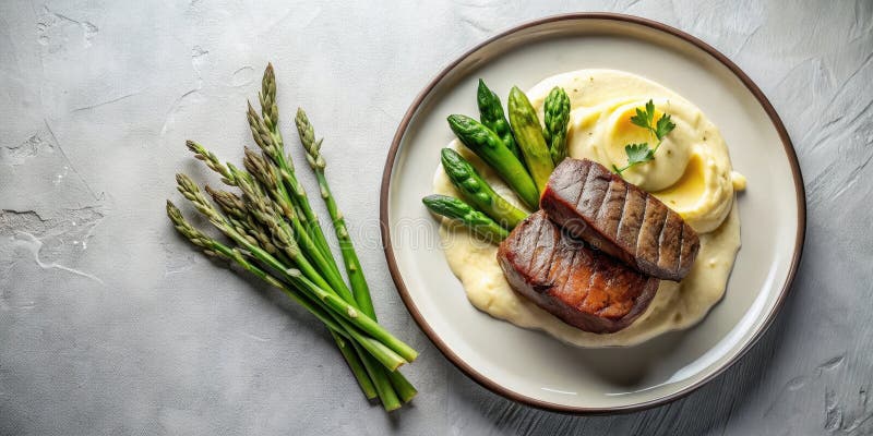 Aromatic seared cuts served with creamy mashed potatoes and tender asparagus spears on a stylish plate. Generative AI royalty free illustration