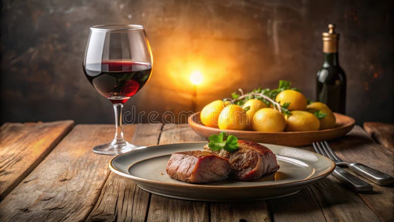 Aromatic seared filet mignon dinner with red wine and roasted potatoes on rustic wooden table. Generative AI vector illustration