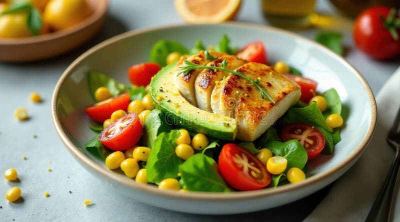 Aromatic seared fish on a vibrant salad with avocado, cherry tomatoes, and sweet corn. Generative AI vector illustration