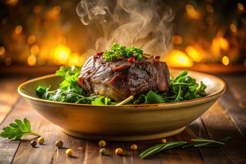 Aromatic seared meat dish served on a bed of fresh greens in a rustic bowl. Generative AI vector illustration