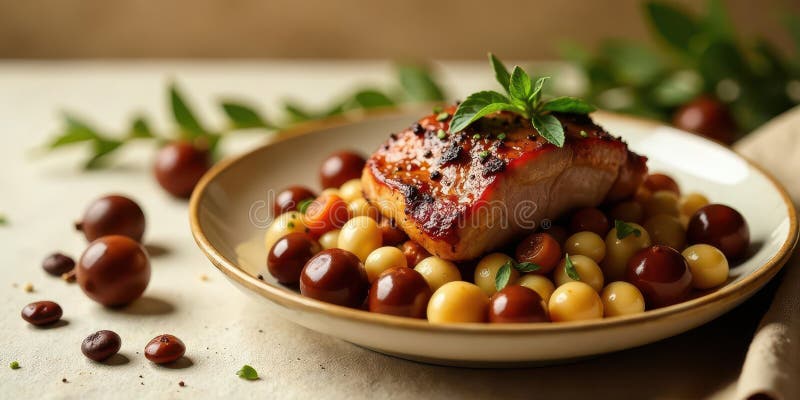 Aromatic seared meat with sweet and savory roasted berries on a rustic plate. Generative AI royalty free illustration