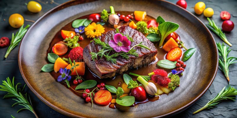 Aromatic seared meat with vibrant herb and fruit garnish on a dark plate. Generative AI stock illustration