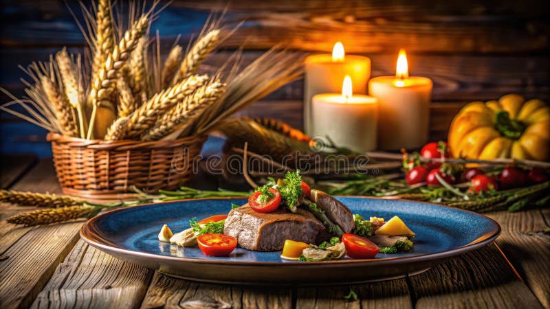 Aromatic seared protein with autumnal vegetables and herbs served on rustic table with warm candlelight. Generative AI royalty free illustration