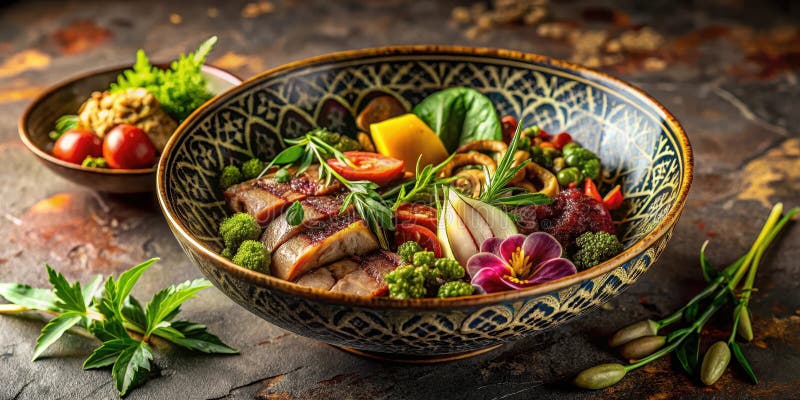 Aromatic seared protein bowl with vibrant vegetables and herbs, artfully arranged in an ornate dish. Generative AI royalty free illustration