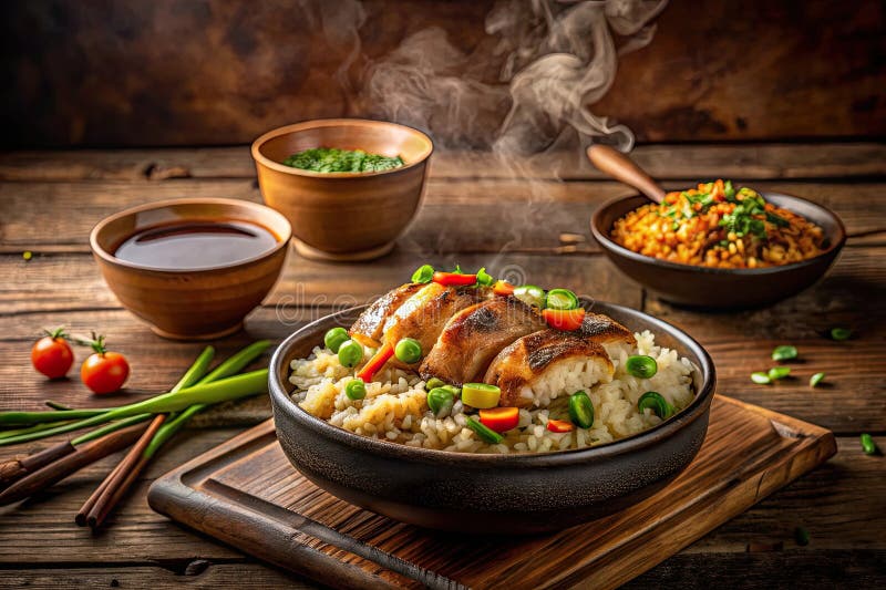 Aromatic seared protein with fluffy rice and steamed vegetables in a rustic bowl. Generative AI stock illustration