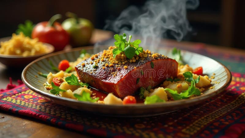 Aromatic seared protein with herb garnish and potato dumplings on rustic plate. Generative AI stock illustration