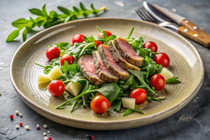 Aromatic seared protein salad with cherry tomatoes and leafy greens on a rustic plate. Generative AI royalty free illustration