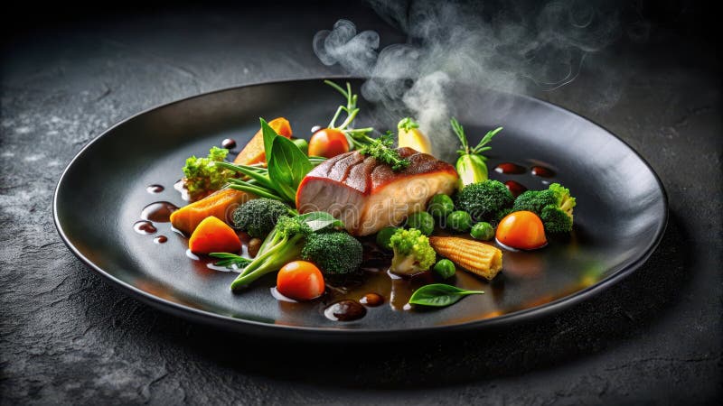 Aromatic seared protein with steaming medley of roasted and saut? ed vegetables on a sleek black plate. Generative AI vector illustration