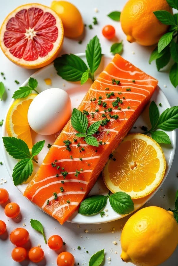 Aromatic seared salmon fillet with citrus and egg garnish on a plate. Generative AI royalty free illustration