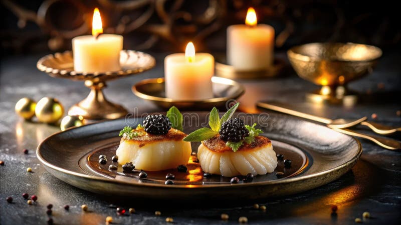 Aromatic seared scallops with blackberry garnish, elegantly presented on a dark plate, illuminated by candlelight. Generative AI stock illustration